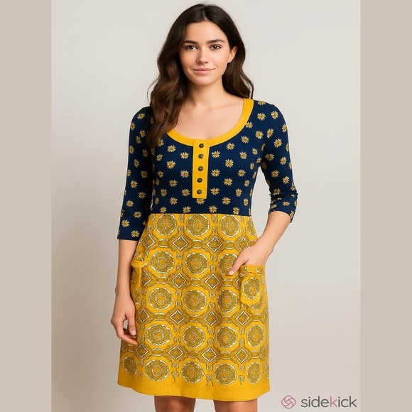 Juicy Couture Dresses & Skirts - Juicy Couture Women’s Silk Regal Jackie Geometric Print Dress Size L Yellow Navy